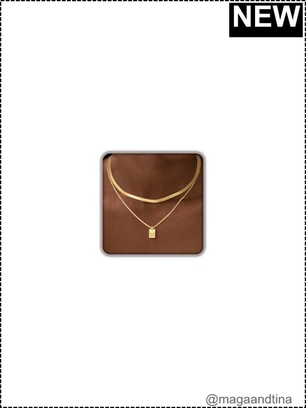 14K Gold Plated Layered Initial Necklace Set with Herringbone Chain Women